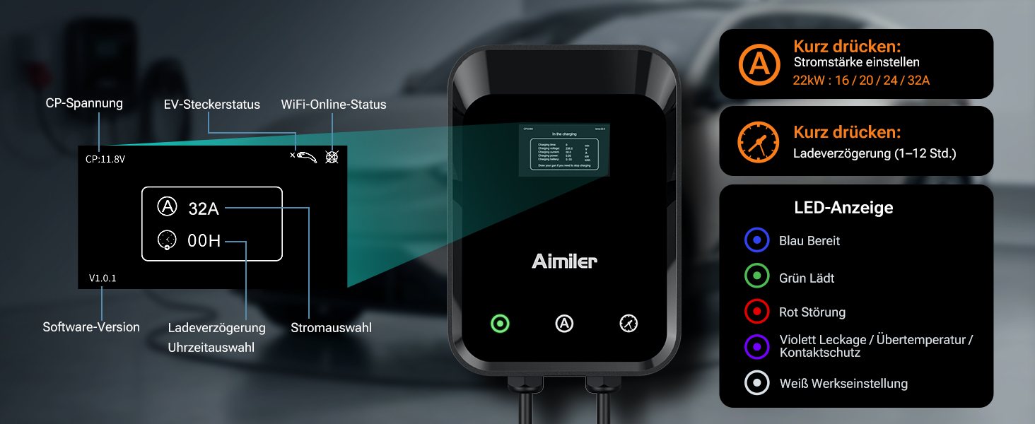 Зарядна станція для електромобілів AIMILER Wallbox 11кВт, 3-фазна, Typ 2, кабель 7.6м, з LCD-дисплеєм, лічильником електроенергії та керуванням через додаток, IP66, RCBO, чорна