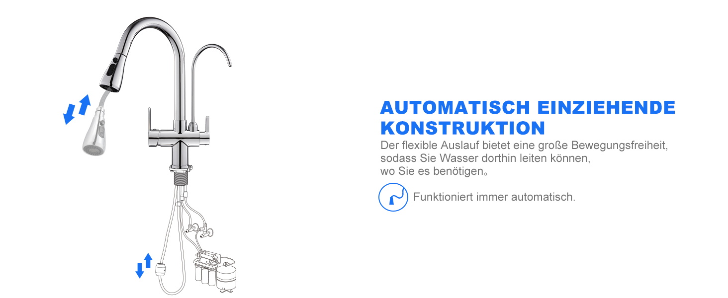 Чорний кухонний змішувач з висувною лійкою 360°, з нержавіючої сталі, для фільтрованої води