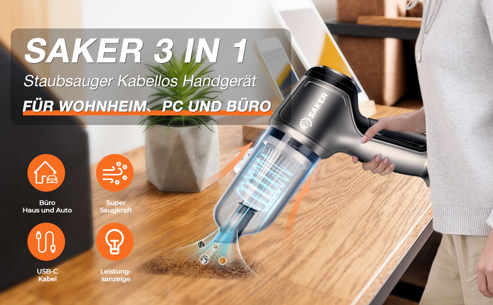 Портативний бездротовий пилосос Saker 3-в-1 з двигуном Brushless, 12KPA, USB-C, для дому, офісу та видалення шерсті тварин (срібний)