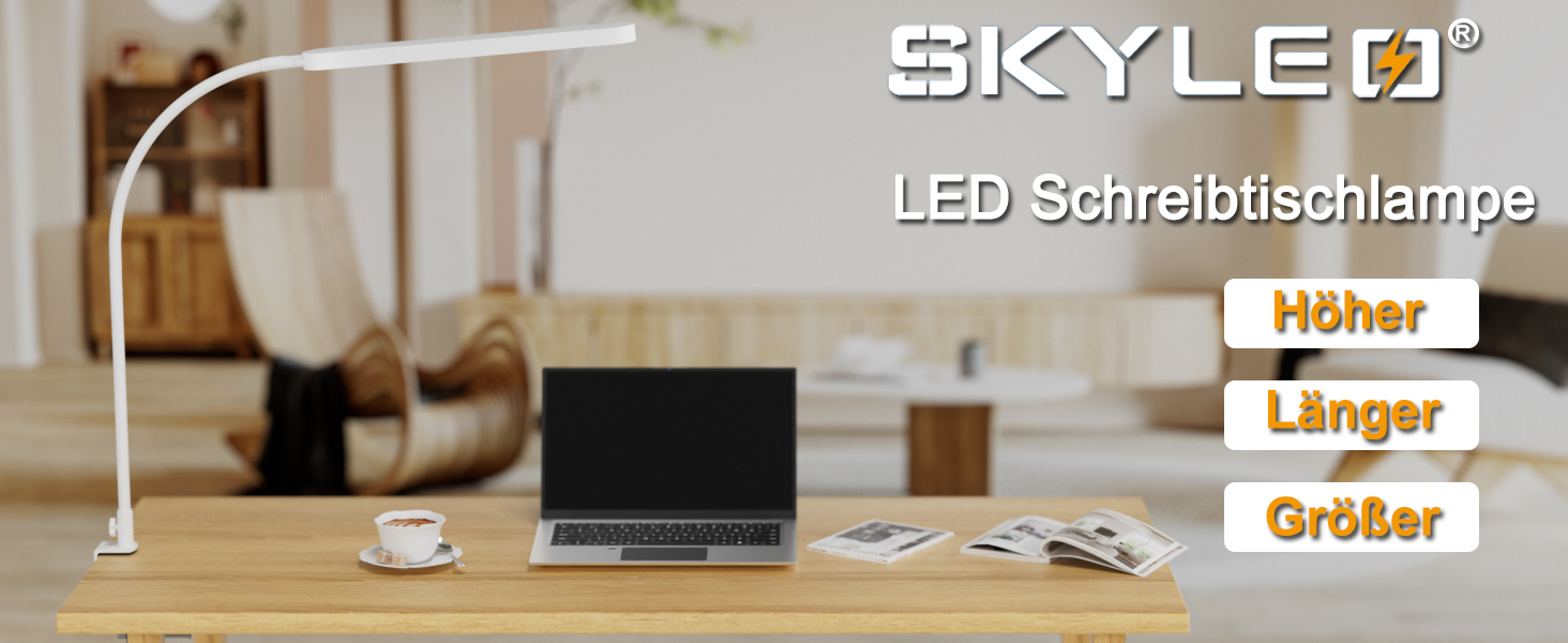 SKYLEO LED Desk Lamp with Adjustable Gooseneck - 80cm Height, 5 Color Modes, 11 Brightness Levels, Timer & Memory Function, 12W, Clamp-On Design