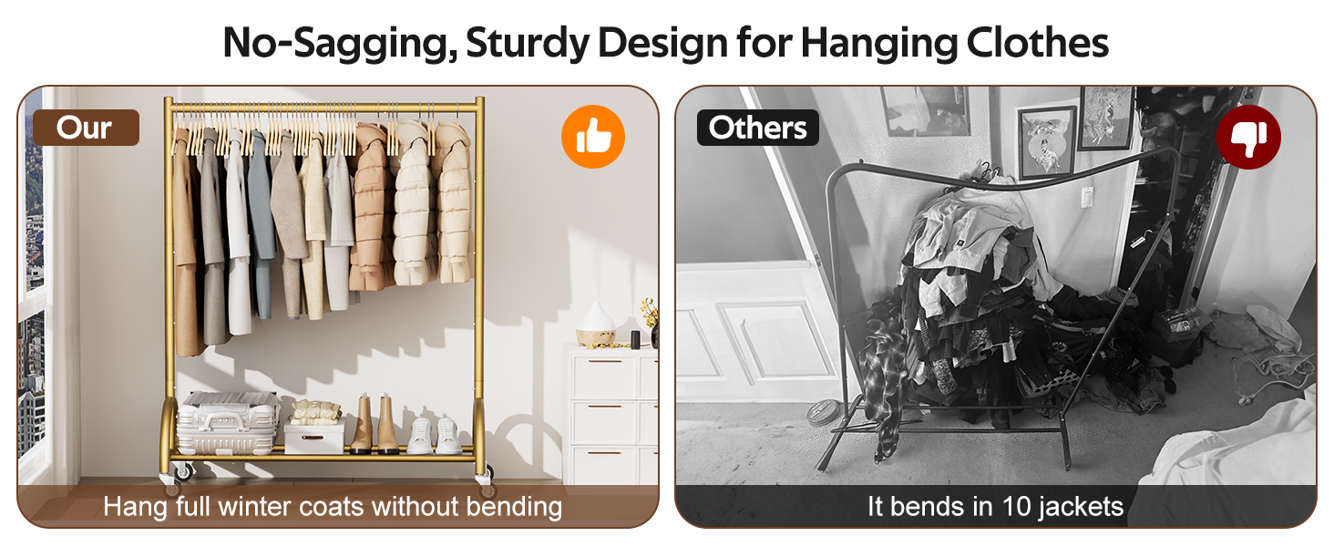 Міцний вішак для одягу на коліщатках MISSLO для спальні, металевий, золотий - мобільна вішалка для одягу, пальто