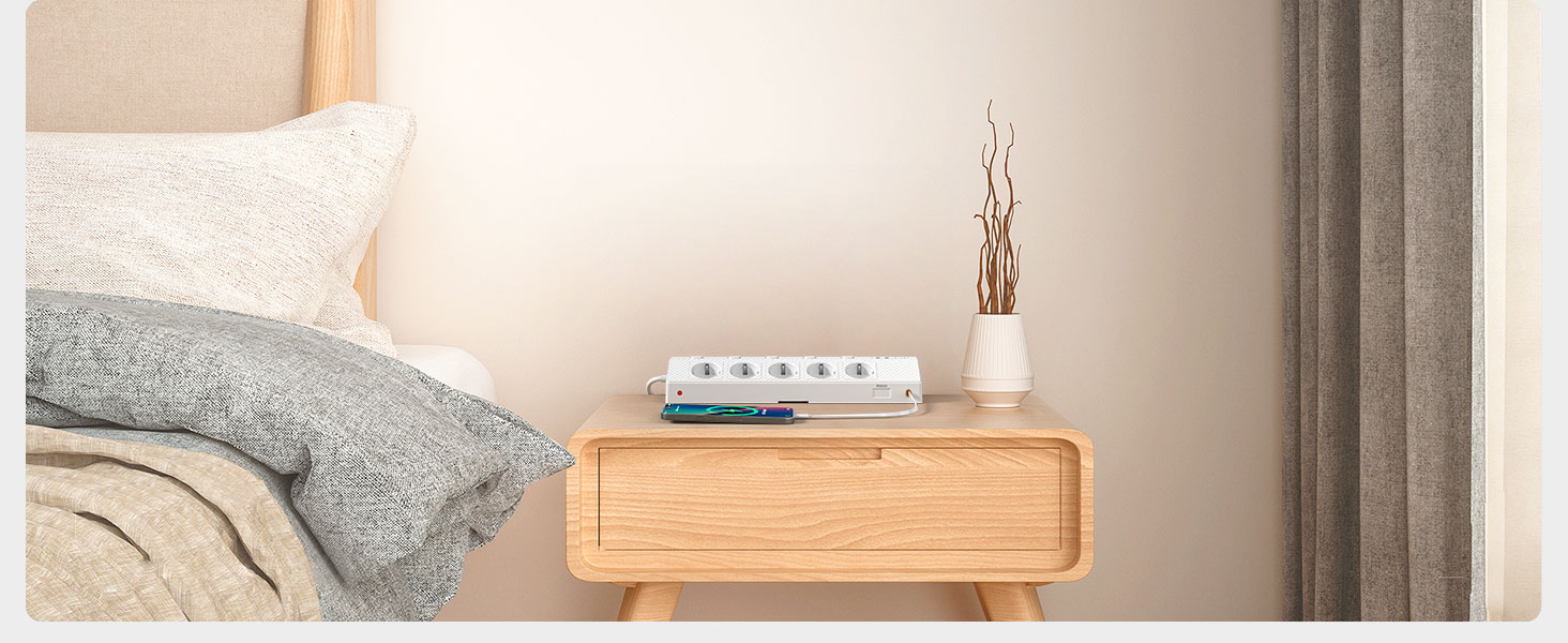 Мережевий адаптер PASSUS 5-fach з 2 USB-C (PD 30W), захист від перенапруги, індивідуальне вмикання, 10-в-1, кабель 2м, чорний
