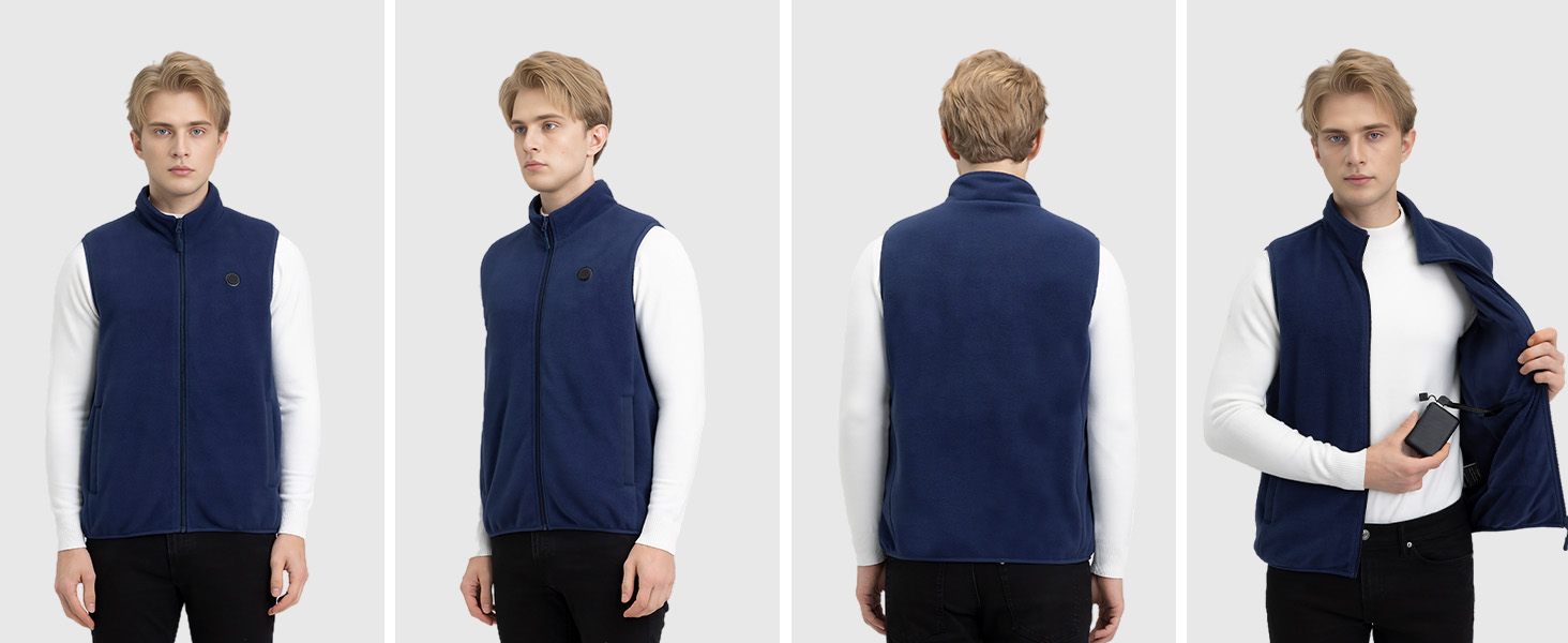 Обогрівальна жилетка з флісу для чоловіків з акумулятором 5V 10000mAh - жилетка для чоловіків з 3 рівнями нагріву, 5 зонами обігріву, ідеальна для роботи на відкритому повітрі, катання на лижах, піших прогулянок та щоденних поїздок (M, Морська синя)