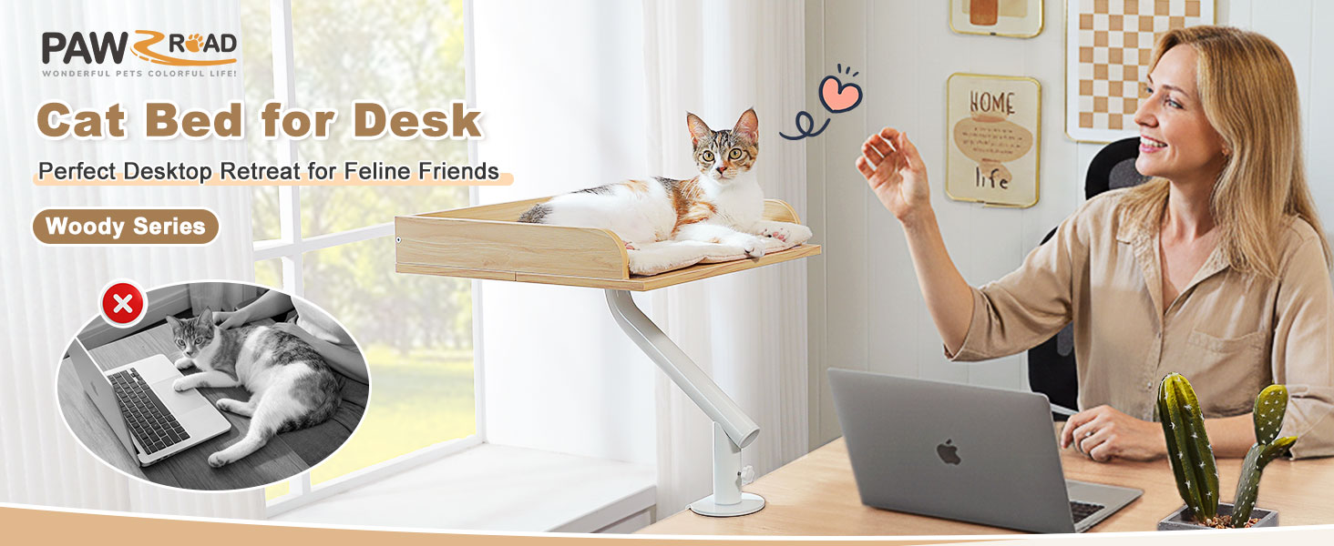 Кішка ліжко PAWZ Road для столу з інтерактивним плюшевим м'ячем, кошик для котів, 360° обертається, гамак для котів, ліжко для котів, підходить до 22.5 кг (Бежевий, прямокутний, дерев'яний)