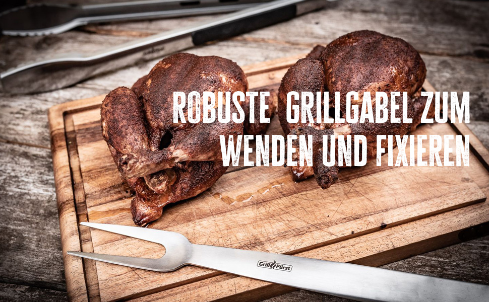 Преміум набір інструментів для барбекю Grillfürst з нержавіючої сталі, 3 предмети: щипці, лопатка, вилка, з петлями для підвішування, подарункова упаковка
