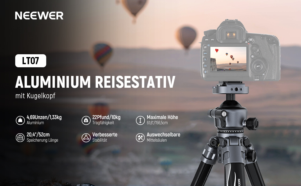 Штатив для камери NEEWER LITETRIP LT07 61' з алюмінію, з кульковою головкою та платформою Arca QR, сумісний з Peak Design V3, з кріпленням для телефону, максимальне навантаження 22lb