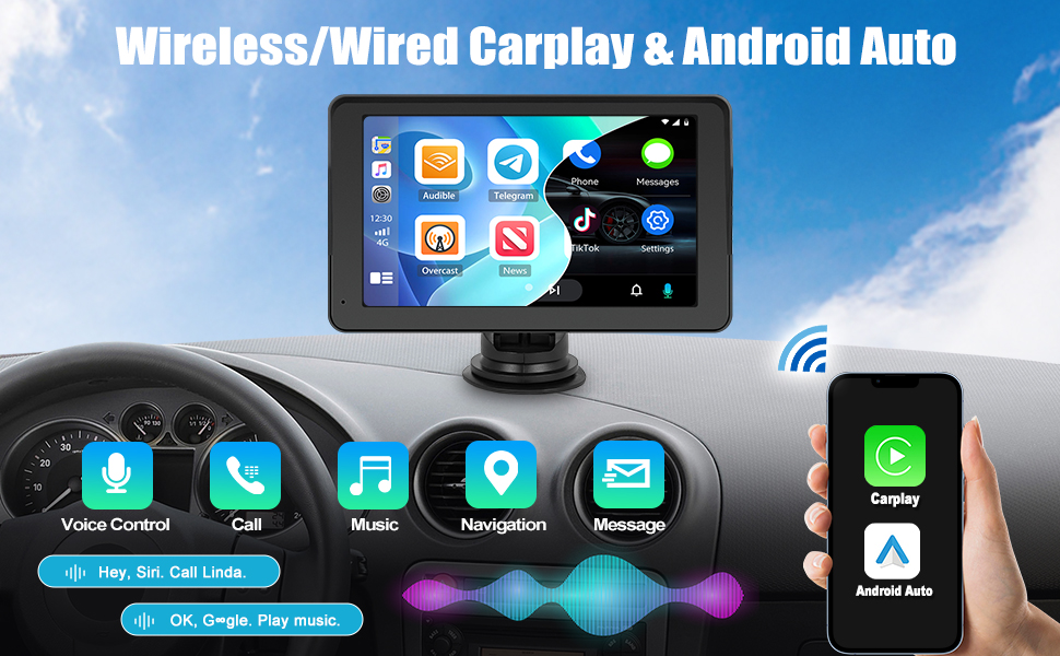 Автомобільна навігація CAMECHO 2025 з 7'' HD дисплеєм, бездротовим CarPlay та Android Auto, Bluetooth, FM-трансмітером, AirPlay, AUX, кріпленням на панель, камерою заднього виду, 64ГБ TF-карта