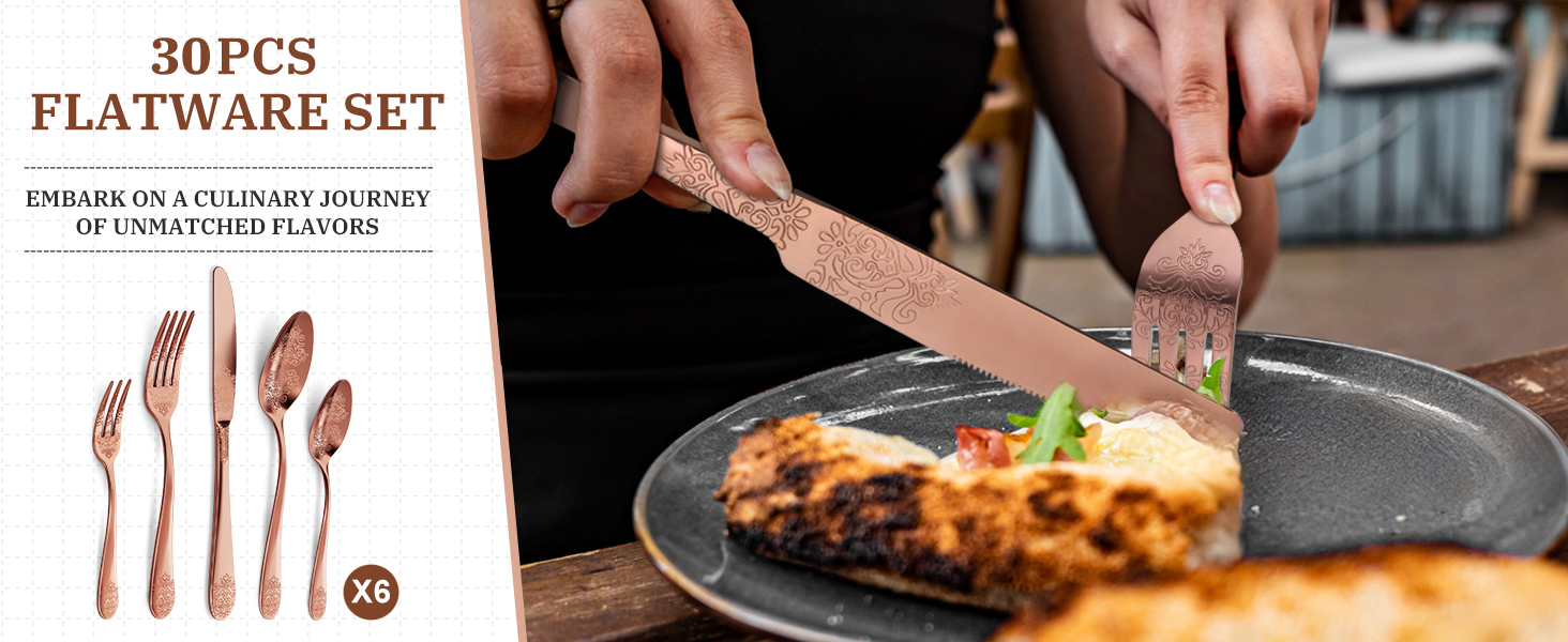 Набір столових приборів Dragon Riot на 6 осіб (30 предметів) з нержавіючої сталі, рожеве золото, для дому/вечірки/ресторану