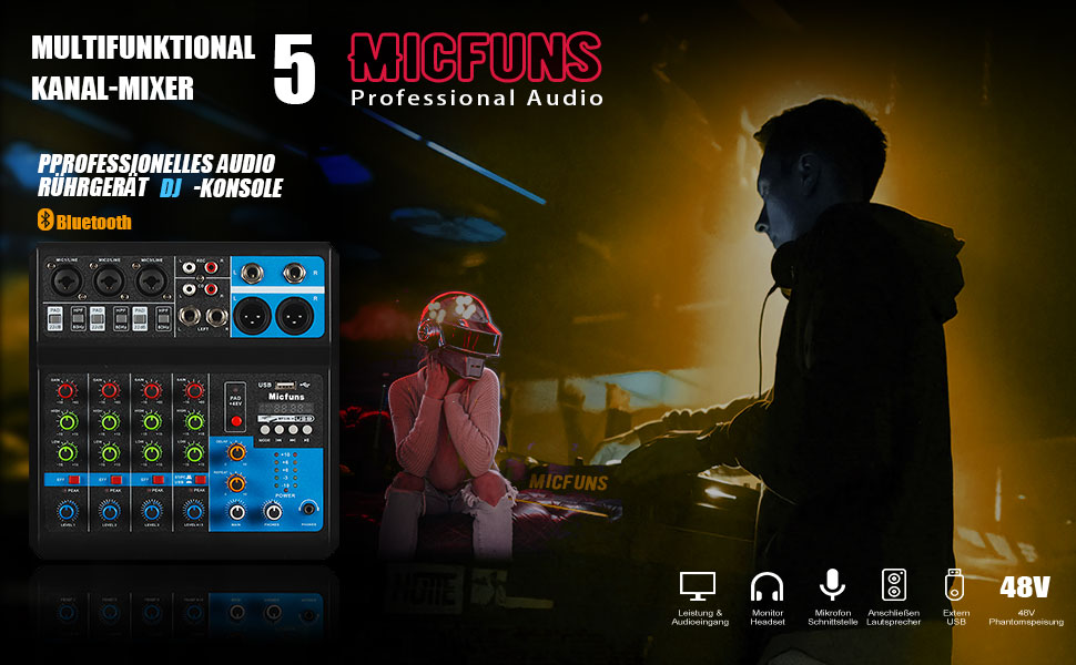 Міні аудіо DJ-мікшер 5-канальний з Bluetooth, USB, MP3, 48V фантомним живленням, стерео, для професійного студійного та сценічного використання, вечірок, KTV