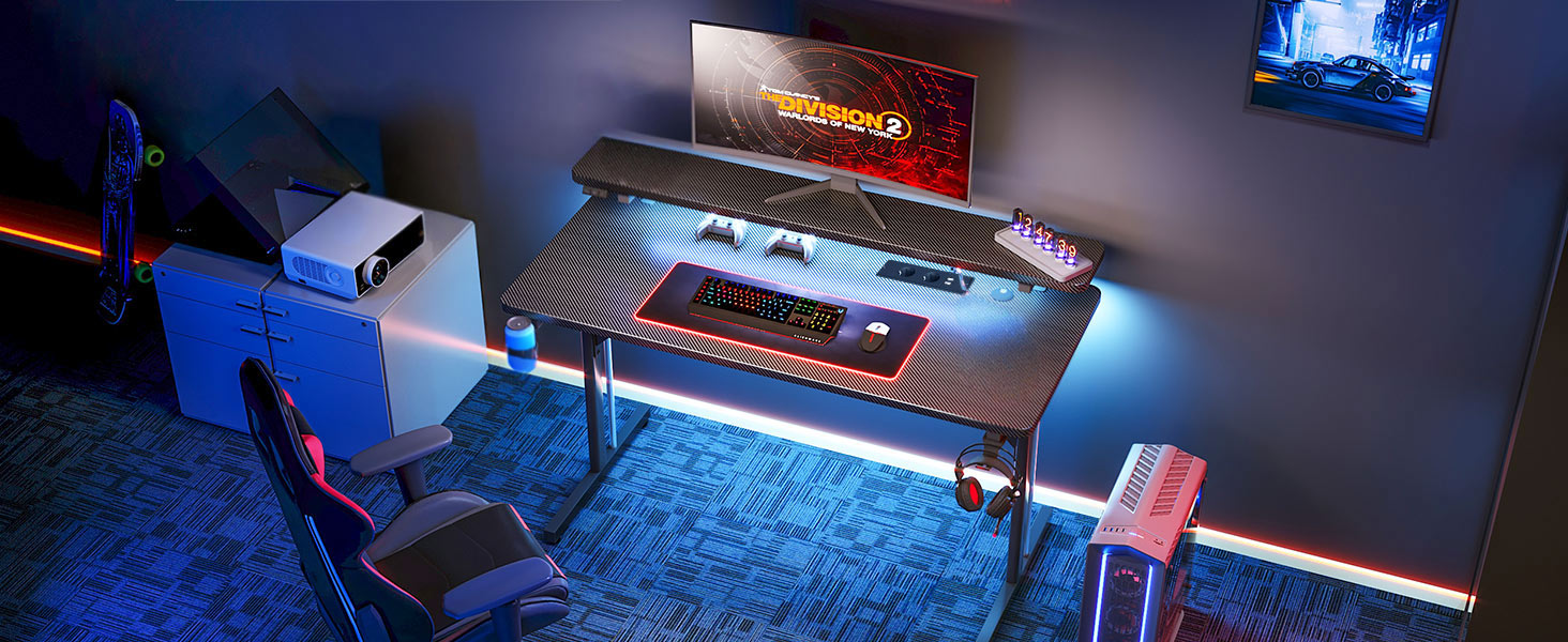 Small LED Gaming Desk with Power Outlets - 80cm Carbon Fiber PC Gamer Table