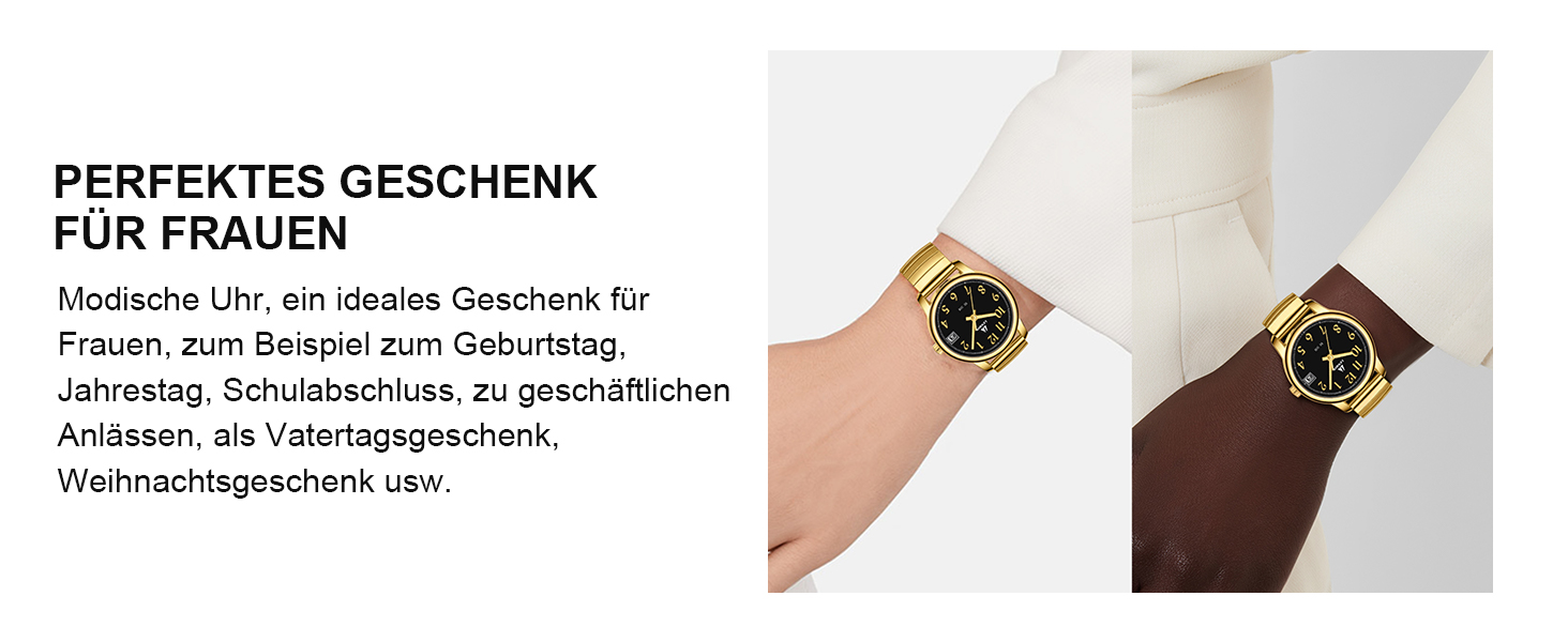 Жіночий годинник LN LENQIN: Водонепроникні годинники для жінок з нержавіючої сталі, кварцовий механізм, регульований ремінець (Золотий/Чорний)