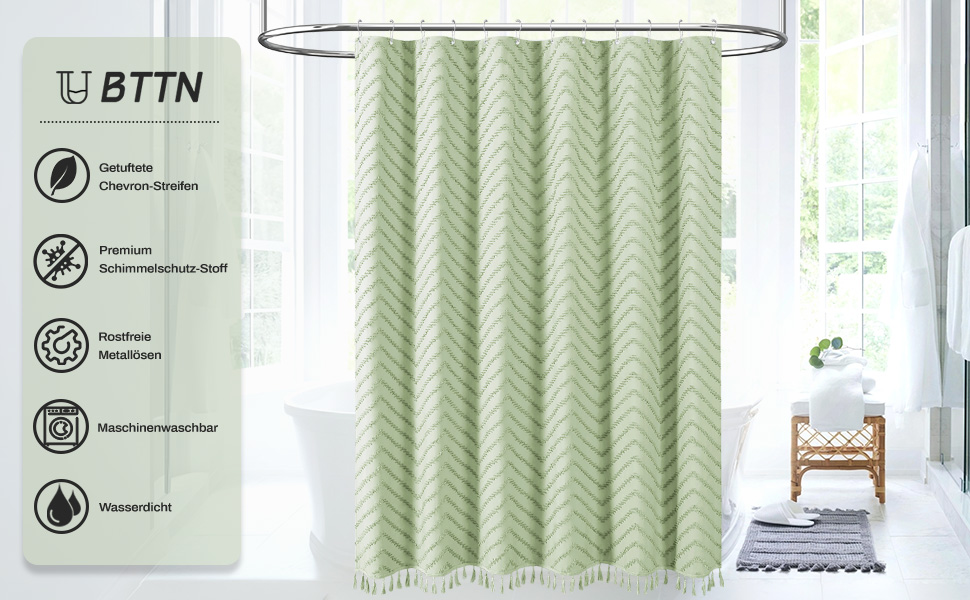 Штора для душу BTTN 180x180 см, Бохо, бежева з китицями, водонепроникна, з гачками (12 шт.)