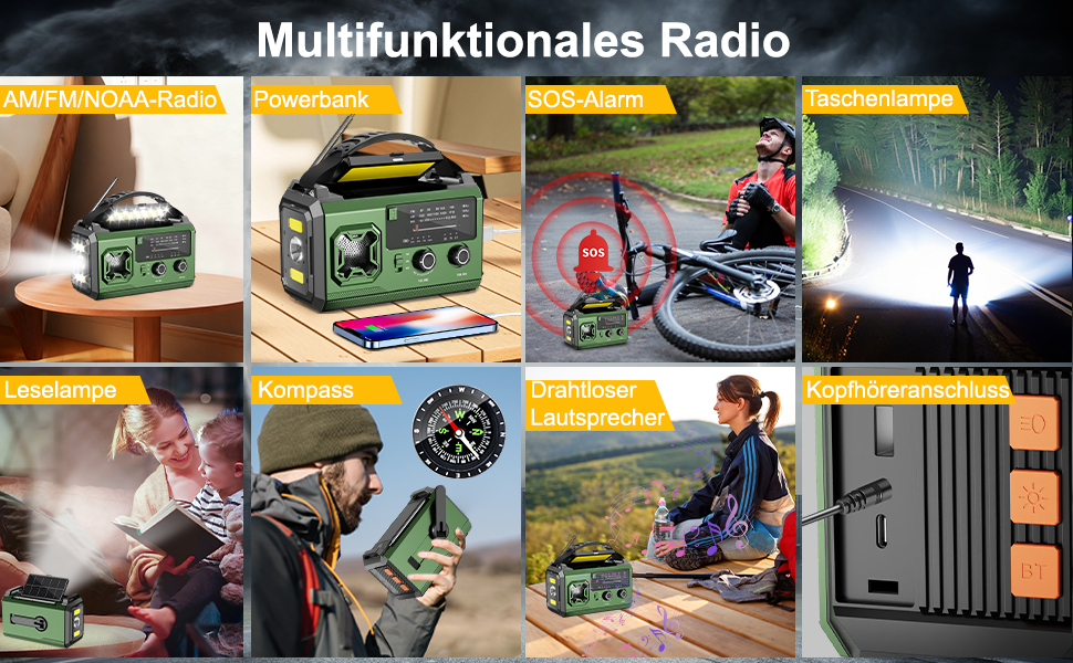 Радіо Kurbelradio на сонячній батареї 27000mAh з Bluetooth, FM/AM, SOS-сигналом, ліхтариком та компасом для кемпінгу та надзвичайних ситуацій (армійсько-зелене)