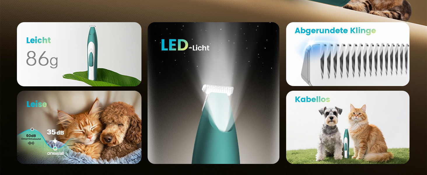 Триммер для собак Oneisall з LED-підсвічуванням: для лап, очей, вух, обличчя. Безшумний, акумуляторний.