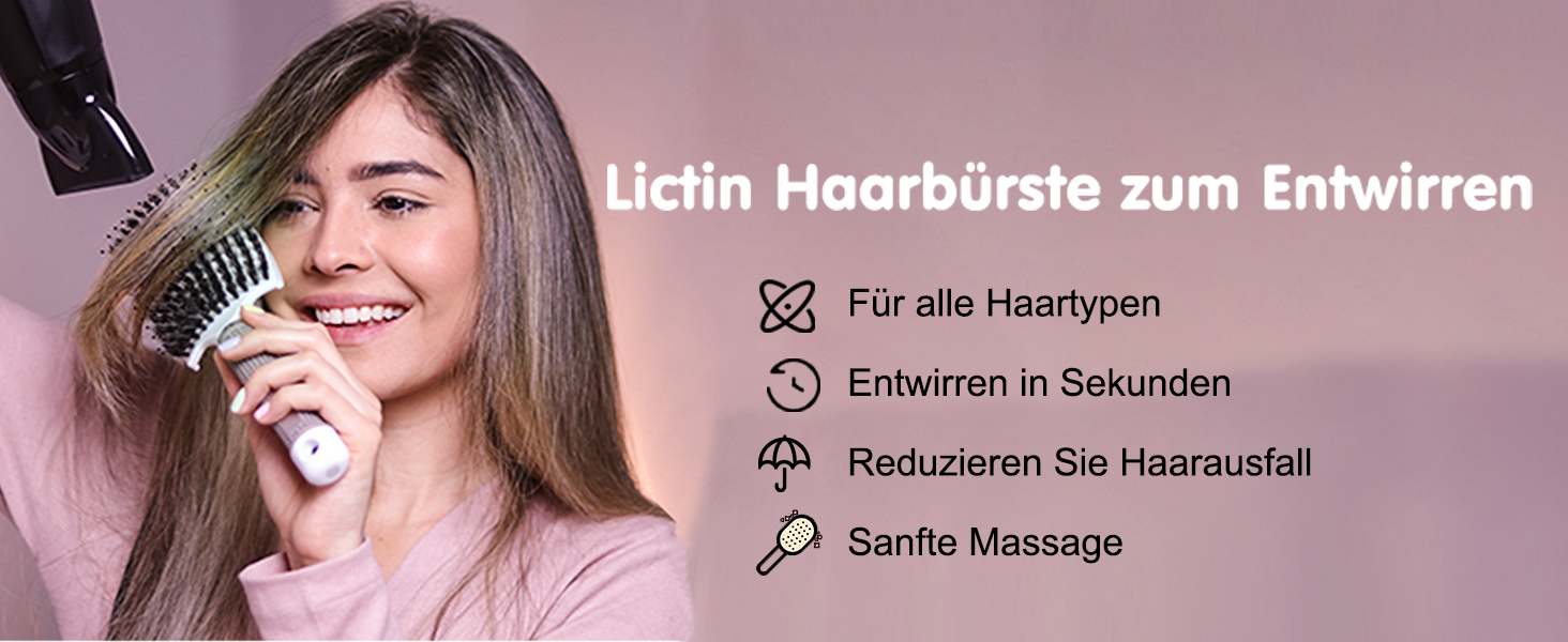 Щітка для волосся Lictin з щетиною дикого кабана (2 шт.) - для жінок, чоловіків та дітей. Розгладжує, не тягне, підходить для кучерявого та довгого волосся. Антистатична, з 4 зажимами. Чорний+Білий