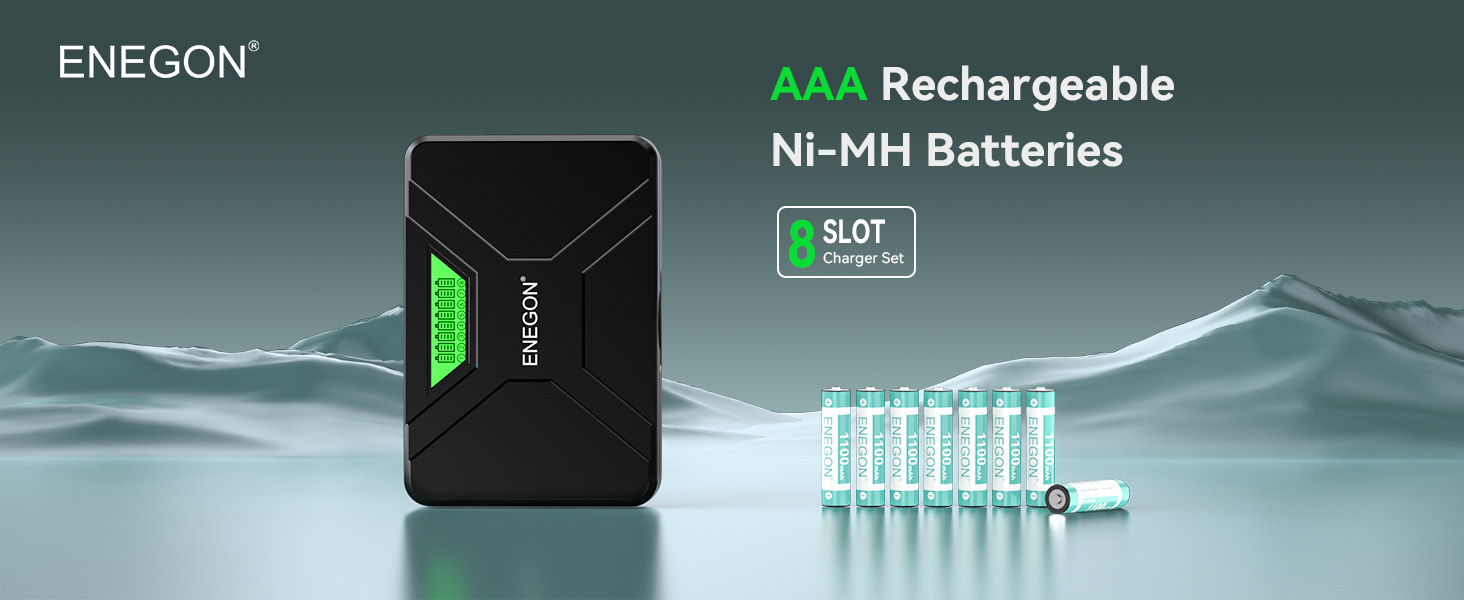 Зарядний пристрій ENEGON 8-Fach LCD для AA/AAA акумуляторів + 8 AAA Ni-MH 1100mAh, USB-C станція для пультів, термометрів та електроніки