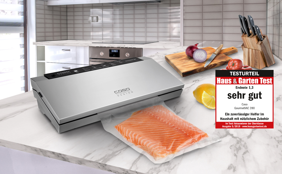 Вакуумний пакувальник CASO GourmetVAC 280 - преміум якість, подвійна зварювальна шов, поршневий насос (15л/хв), регулювання вакууму та часу зварювання, 10 пакетів 20x30 см, сріблястий
