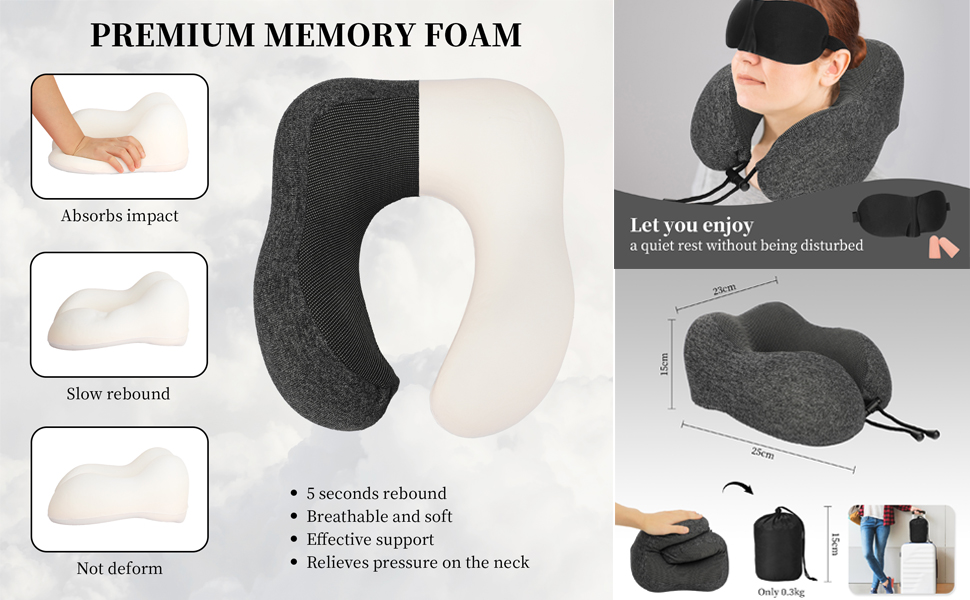 Подушка для шиї з Memory Foam, підтримка голови, набір для подорожей: маска для сну, навушники, чохол, м'яка подушка для сну в авто, літаку, офісі та вдома (Сірий)