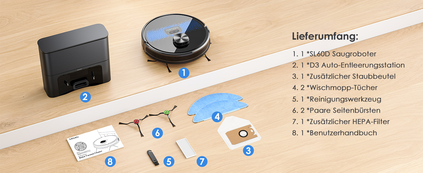 Робот-пилосос Lubluelu 3-в-1 з док-станцією, 4500Pa, функція вологого прибирання, лазерна навігація, керування через додаток, для тварин, килимів, твердих підлог (чорний, блакитний)