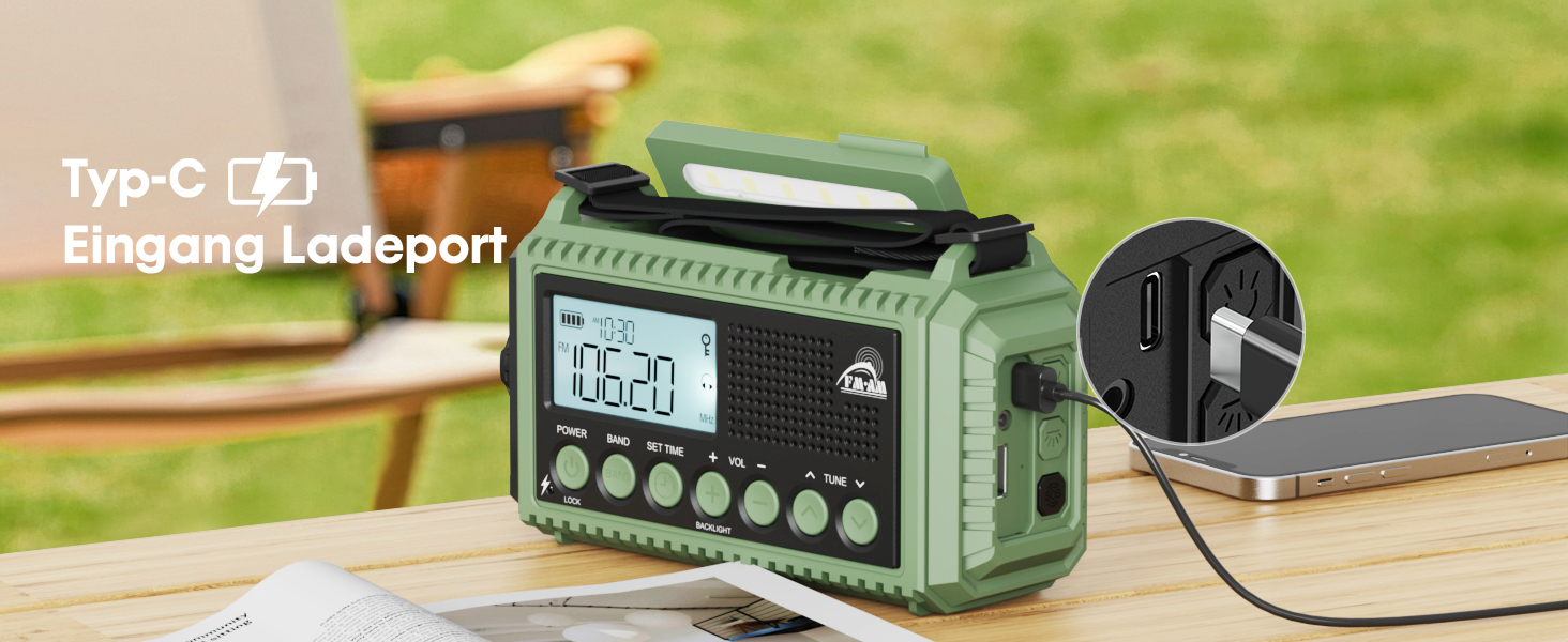 Радіоприймач Kurbelradio на 12000 mAh з ручним заводом, сонячною панеллю та SOS-сигналом. AM/FM/SW радіоприймач з USB-зарядкою, ліхтарик та світло для читання. Ідеально для кемпінгу, надзвичайних ситуацій та відключень електроенергії. Зелений колір.