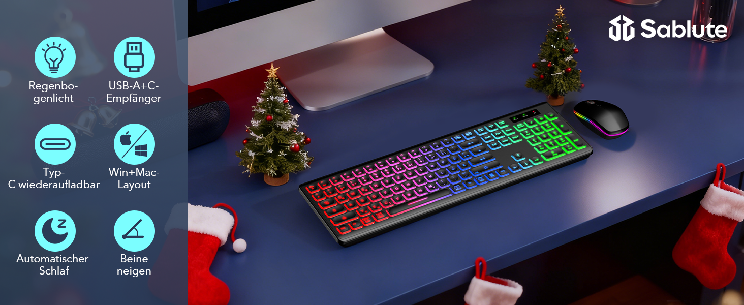 Бездротова клавіатура та миша з підсвічуванням, USB-C, тиха, для Mac/Windows/PC/Laptop, QWERTY (Чорний)