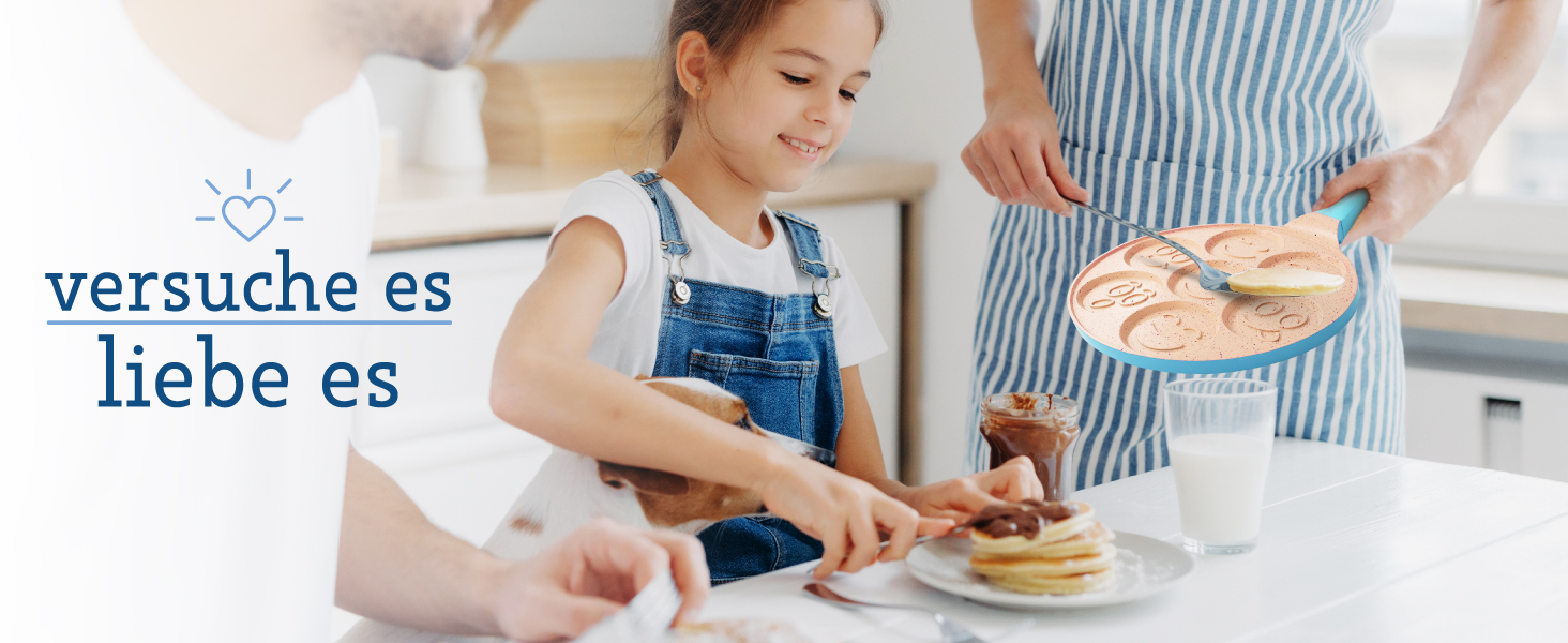 Млинцева пательня Joeji's Kitchen з 7 отворами зі смайликами, 26,5 см, антипригарна, легкий алюмінієвий литий корпус, для індукції, дитяча, універсальна для млинців та яєць, синя