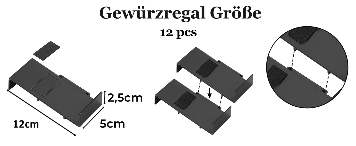 Організатор для спецій Famhap, 24 шт. - полиці для спецій у ящик, кухонний органайзер для спецій, полиці для спецій (Чорний, 12 шт.)