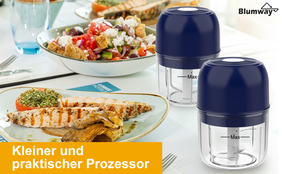 Електричний подрібнювач часнику та овочів 2в1 BlumWay, міні-подрібнювач з віночком для яєць, 250+250 мл (Блакитний)