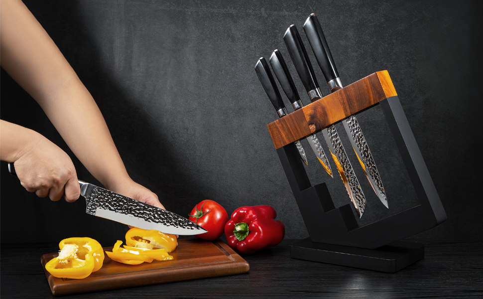 Набір кухонних ножів Messerblock 6-TLG з блоком: професійний набір з нержавіючої сталі з ергономічною ручкою з ебену, кухонний, м'ясний, хлібний, універсальний та овочевий ножі