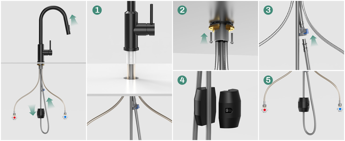 Змішувач кухонний з висувною лійкою та душем, 360° поворот, 2 режими, нержавіюча сталь, чорний