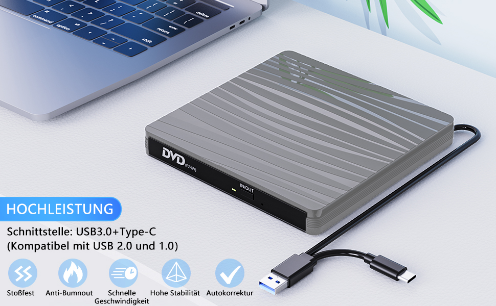 Зовнішній DVD-привід USB 3.0 та Type-C, портативний CD/DVD+/-RW записувач для ноутбука, ПК, MacBook, Windows, MacOS, Linux (Сірий)