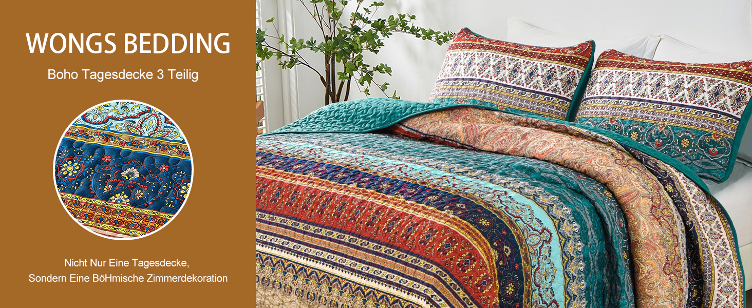 Покривало WONGS BEDDING Boho 220x240 см, стьобане, мікрофібра, комплект 3 в 1 (2 наволочки 50x70), для двоспального ліжка та дивана, бежево-зелене, для спальні