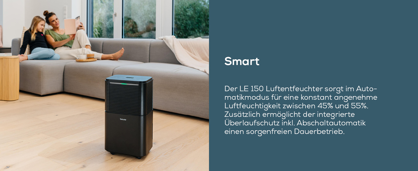 Електричний осушувач повітря Beurer LE 150: 12л/24г, осушувач для кімнати з функцією сушіння білизни, тихий нічний режим, захист від плісняви та запахів, бак 2л, до 30м2
