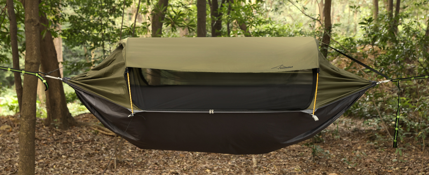 Гамак для кемпінгу 4-в-1 з москітною сіткою та знімним сонцезахистом, 290x140 см, армійний зелений