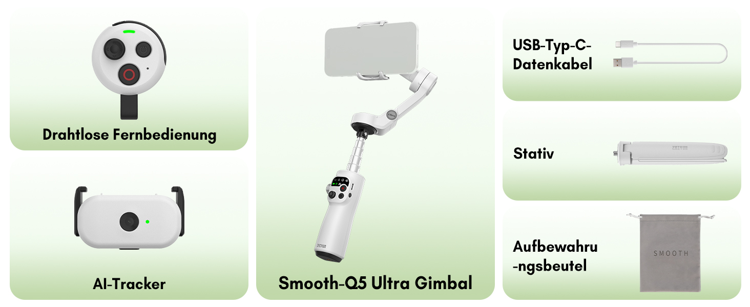 ZHIYUN Smooth Q5 Ultra Combo: Стабілізатор для смартфона з AI-трекінгом, керуванням голосом, пультом ДУ та світлом, 13.5год роботи, 3-осьовий