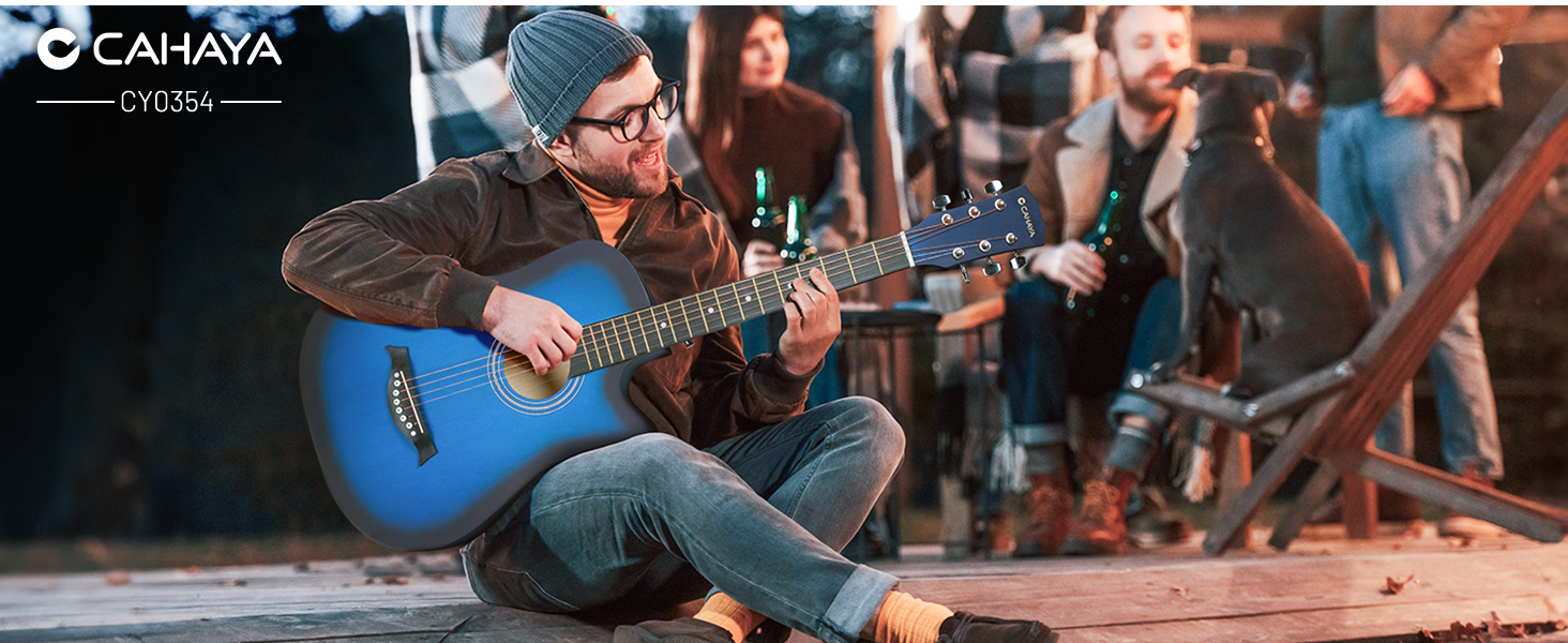 Акустична гітара CAHAYA 38 дюймів: Комплект для початківців, дітей та дорослих, з чохлом, запасними струнами, каподастром, медіаторами, наклейками на лади, синій CY0354