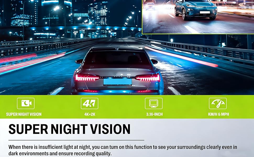 Відеореєстратор CAMECHO 4K Dual (передній + задній) з GPS, WiFi, ADAS, BSD, LCA, нічна зйомка, 150° кут огляду, IPS 3.16