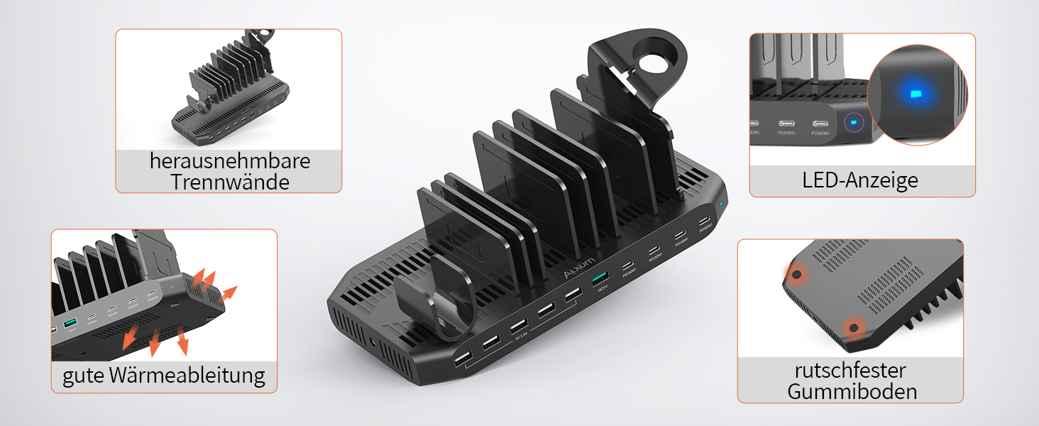 Зарядний пристрій Alxum 60W USB, 10 портів, 5V/2.4A, для телефонів, планшетів, Kindle, з регульованими перегородками, швидка зарядка QC 3.0, чорний