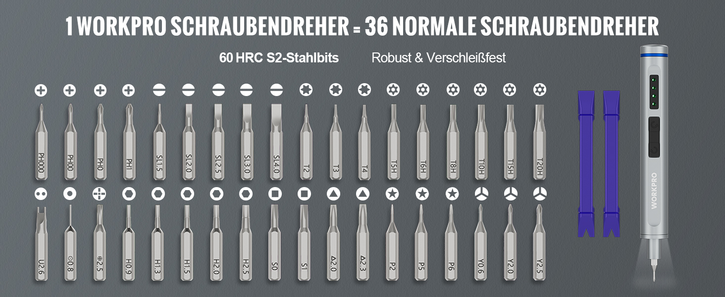 WORKPRO Набір викруток 42-в-1 електричний, для точних ремонтів телефонів, годинників, камер, з 36 бітами S2, магнітною коробкою, зарядкою Type-C