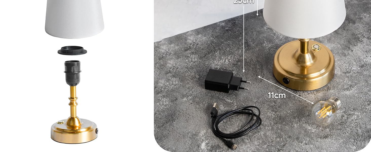 Бездротова настільна лампа з акумулятором 4000mAh, тепле світло 2700K, сенсорне управління, з адаптером/кабелем, для спальні, подарунок (золотиста)