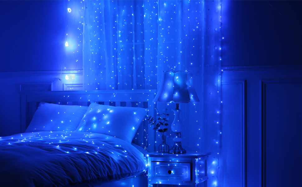 Лямпас світлодіодний Yizhet 3x3м, 300 LED, тепле біле світло, IP65, 8 режимів, для декору вечірки, свята, Нового року, тераси (блакитний)