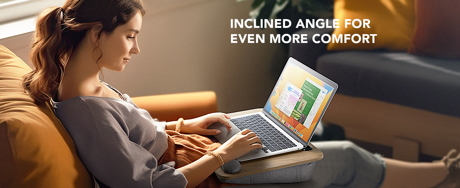 Підставка для ноутбука HUANUO для ліжка, 15.6 дюймів, з антиковзними смугами та функцією зберігання, для дому, офісу або навчання, коричнева текстура дерева