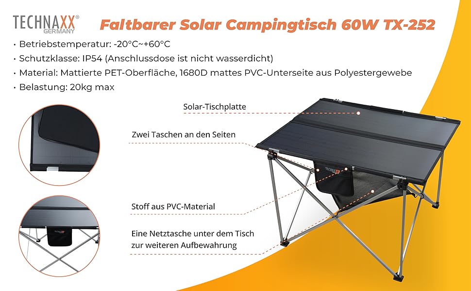 Сонячний кемпінговий стіл Technaxx TX-252 60W з USB зарядкою та сонячною панеллю