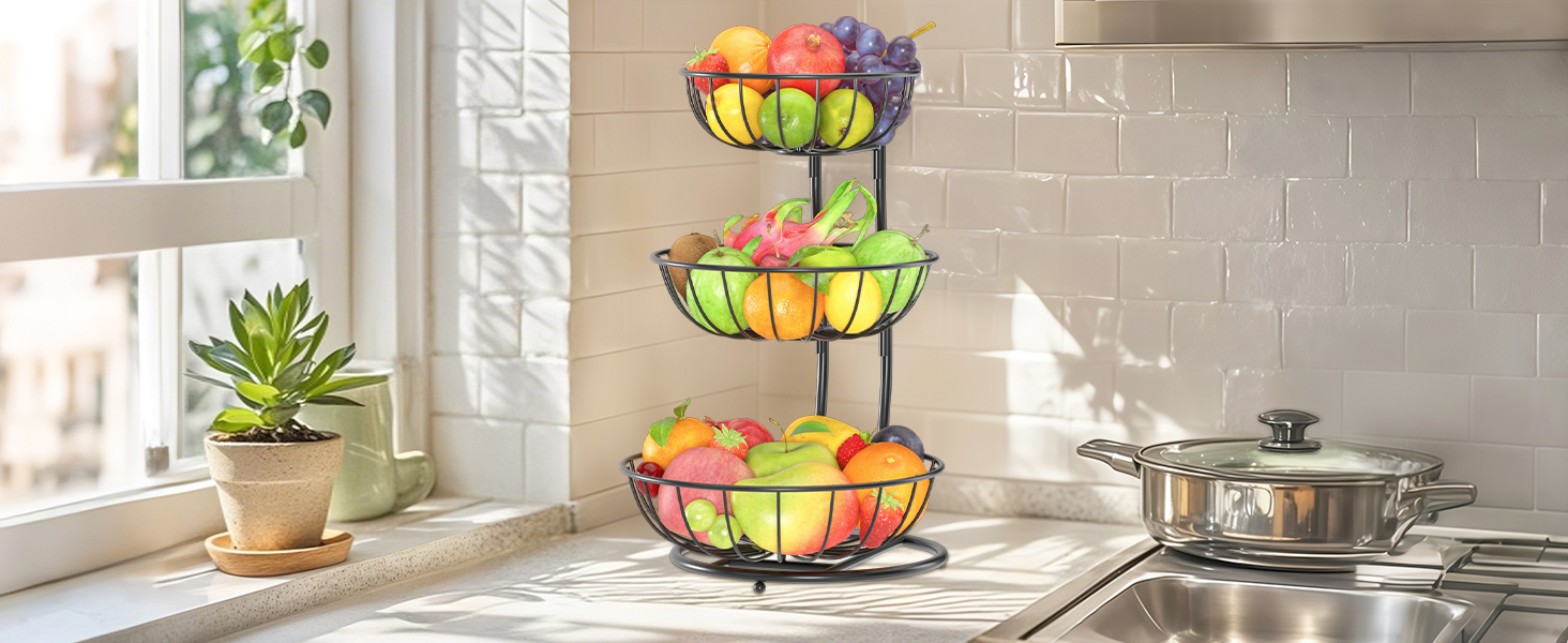 PouHenier 5-ярусная фруктова корзина для кухні, металева етажерка для фруктів та овочів, з тримачем для бананів, чорного кольору