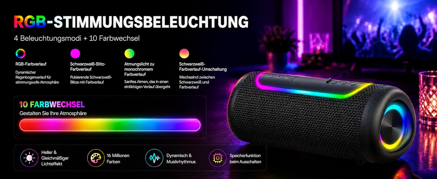 Портативна Bluetooth колонка UOHHBOE 30W, чорна: музика до 30 годин, RGB підсвічування, IPX5 водонепроникність