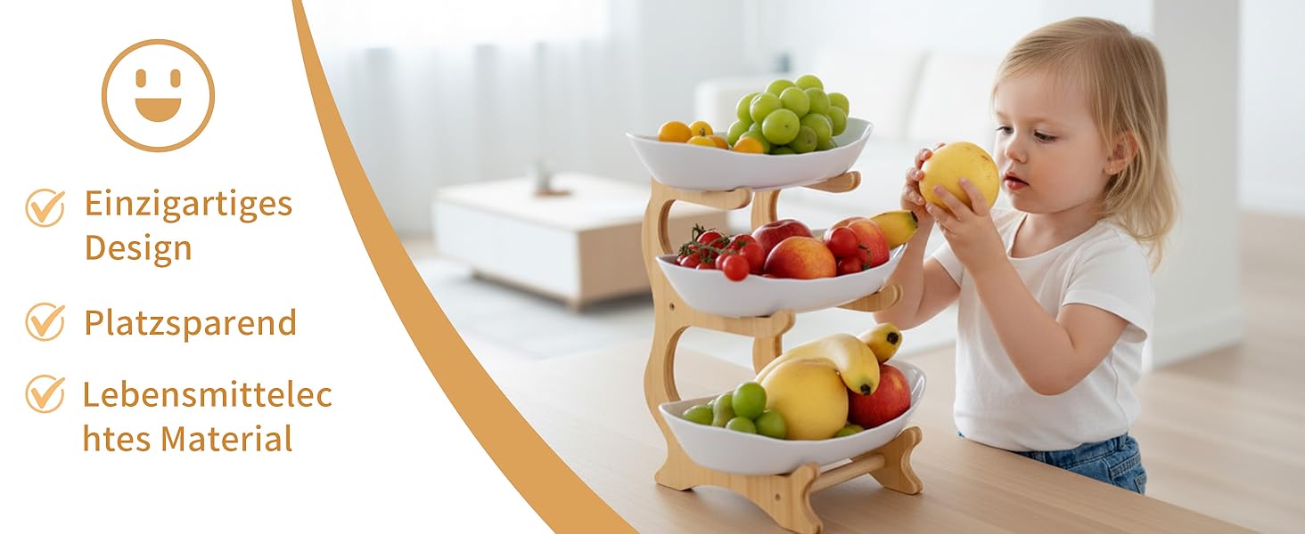 Трирівнева етажерка для фруктів та закусок з бамбуковим підставкою, преміум-пластик