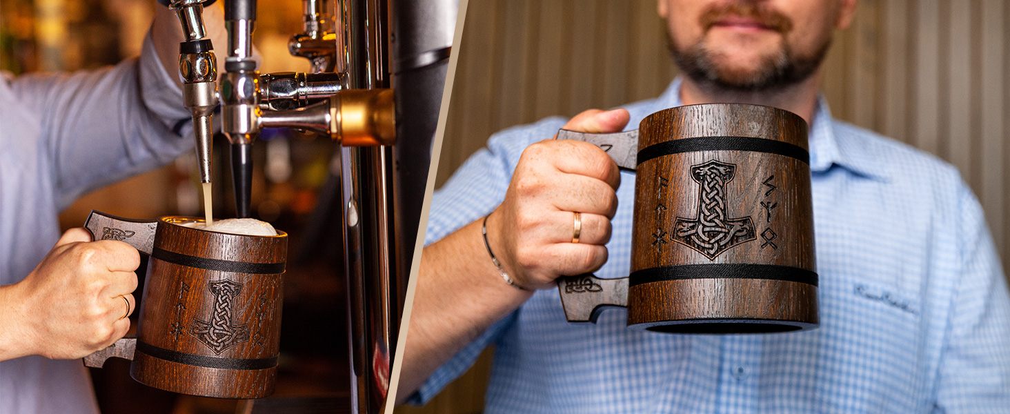 Дерев'яний кубок Wikinger 0.6 л з дуба, коричневий - середньовічний кубок для пива, кружка, глечик з гравіюванням молота Тора, рунами. Ідеальний подарунок для любителів пива, дерев'яний кубок, Валентин, подарунок для чоловіків, ретро, коричневий