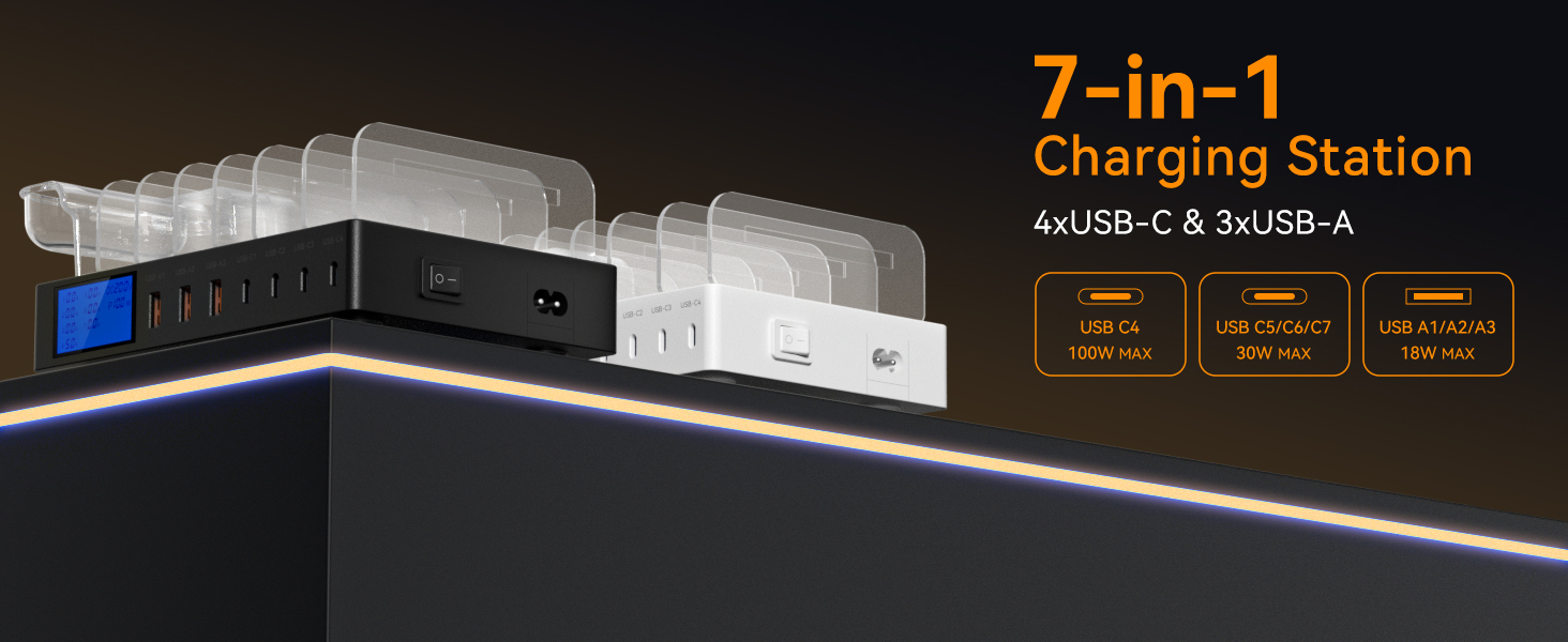 Зарядна станція 245W для декількох пристроїв, 7 портів USB, LCD-дисплей, кабель 7 шт. + тримач для iWatch, для iPhone, планшетів та іншої електроніки - чорна