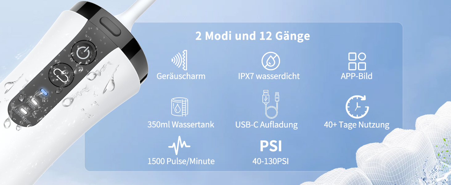 Електричний ірригатор для порожнини рота VITCOCO 1080P WiFi, 350 мл, бездротовий, з 5 насадками, IPX7, білий