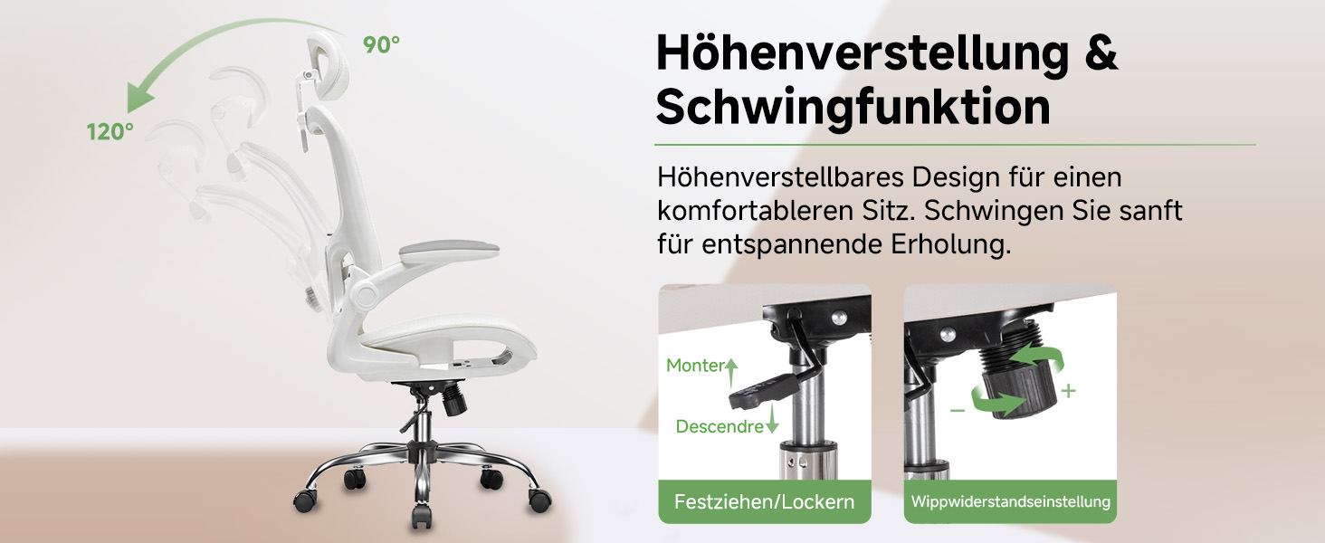 Офісне крісло GTPLAYER Ergonomisch - регульована спинка, підлокітники, поперекова підтримка, функція гойдання, дихаюча сітка, 150 кг (Білий)